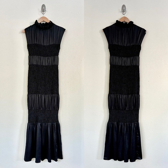 MARYSIA RESORT Lesbos 100% Silk Smocked Midi Dress in Black - Picture 6 of 10